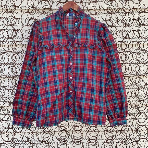 Vintage 70s Sears red blue plaid ruffle blouse - Picture 1 of 8